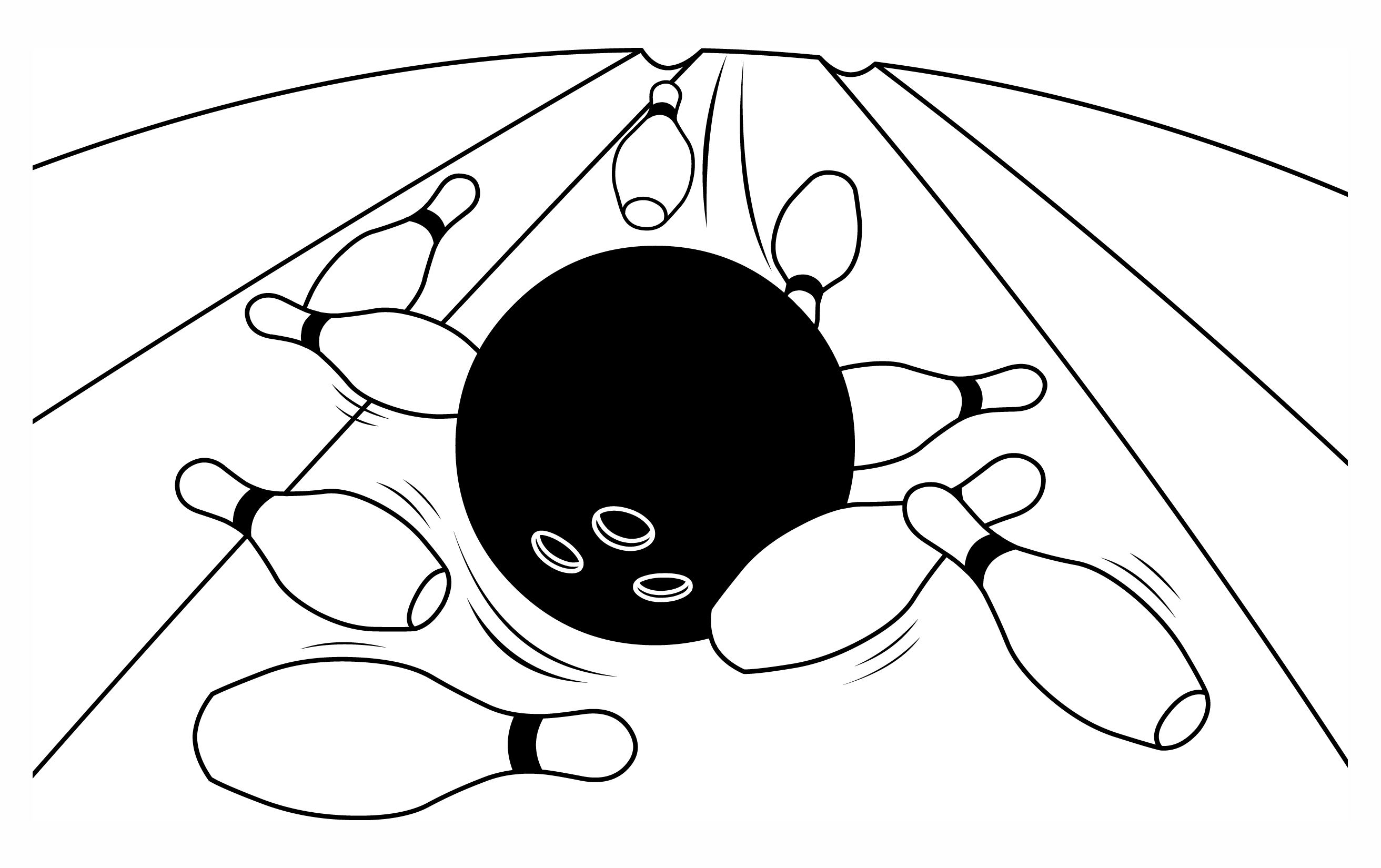 A black and white line art illustration of a black bowling ball striking white pins on a lane.