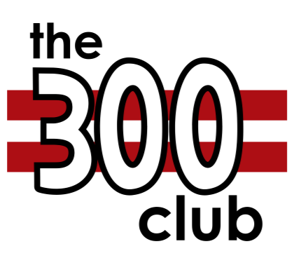 Graphic logo for The 300 Club with bold white numbers outlined in black and two horizontal red stripes.