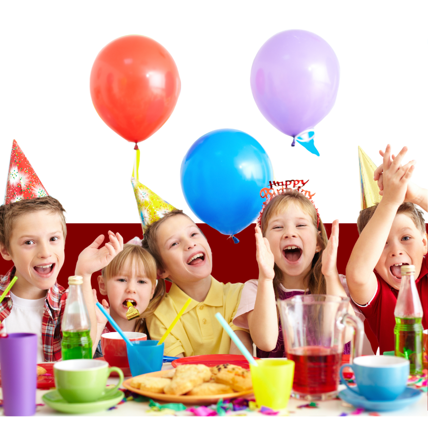 Five happy children in party hats cheering at a birthday table with balloons and snacks.