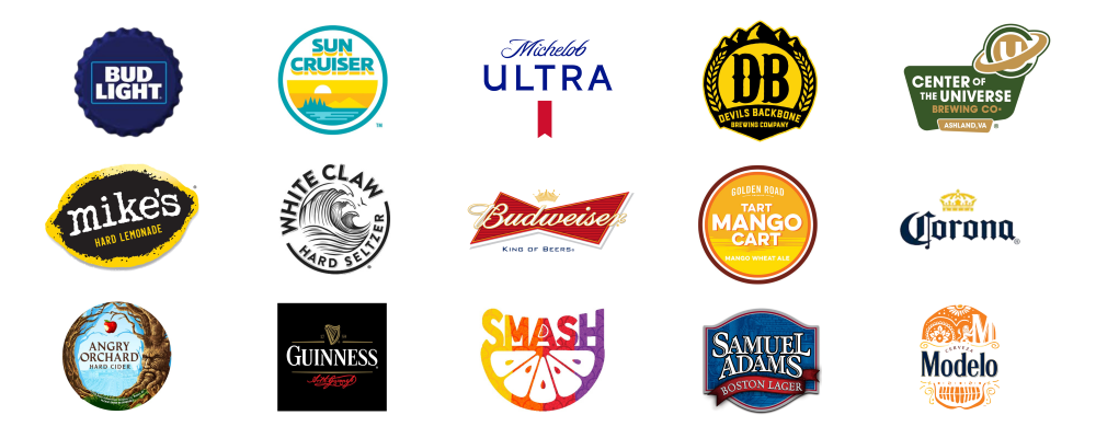A collage of fifteen different beer, cider, and seltzer brand logos on a white background.