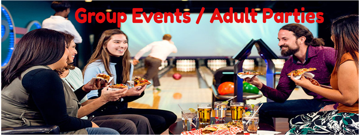 Adults laughing and eating pizza at a bowling alley settee area with the text Group Events / Adult Parties.