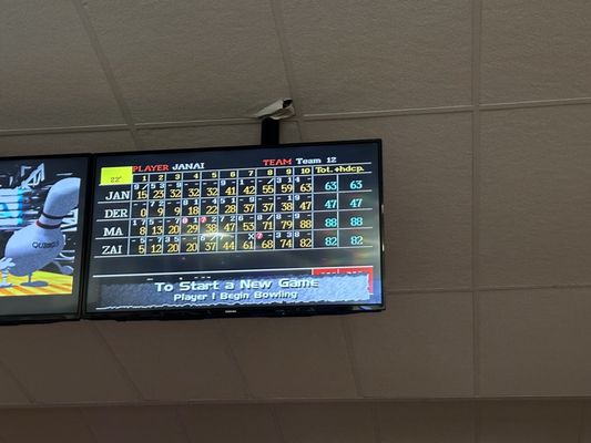 A bowling scoreboard monitor displaying player names and scores hanging from a drop ceiling.
