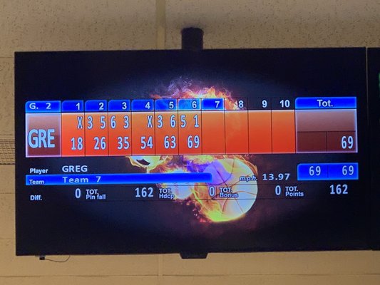 A digital bowling score monitor showing a player named Greg with a score of 69 and a ball speed of 13.97 mph.