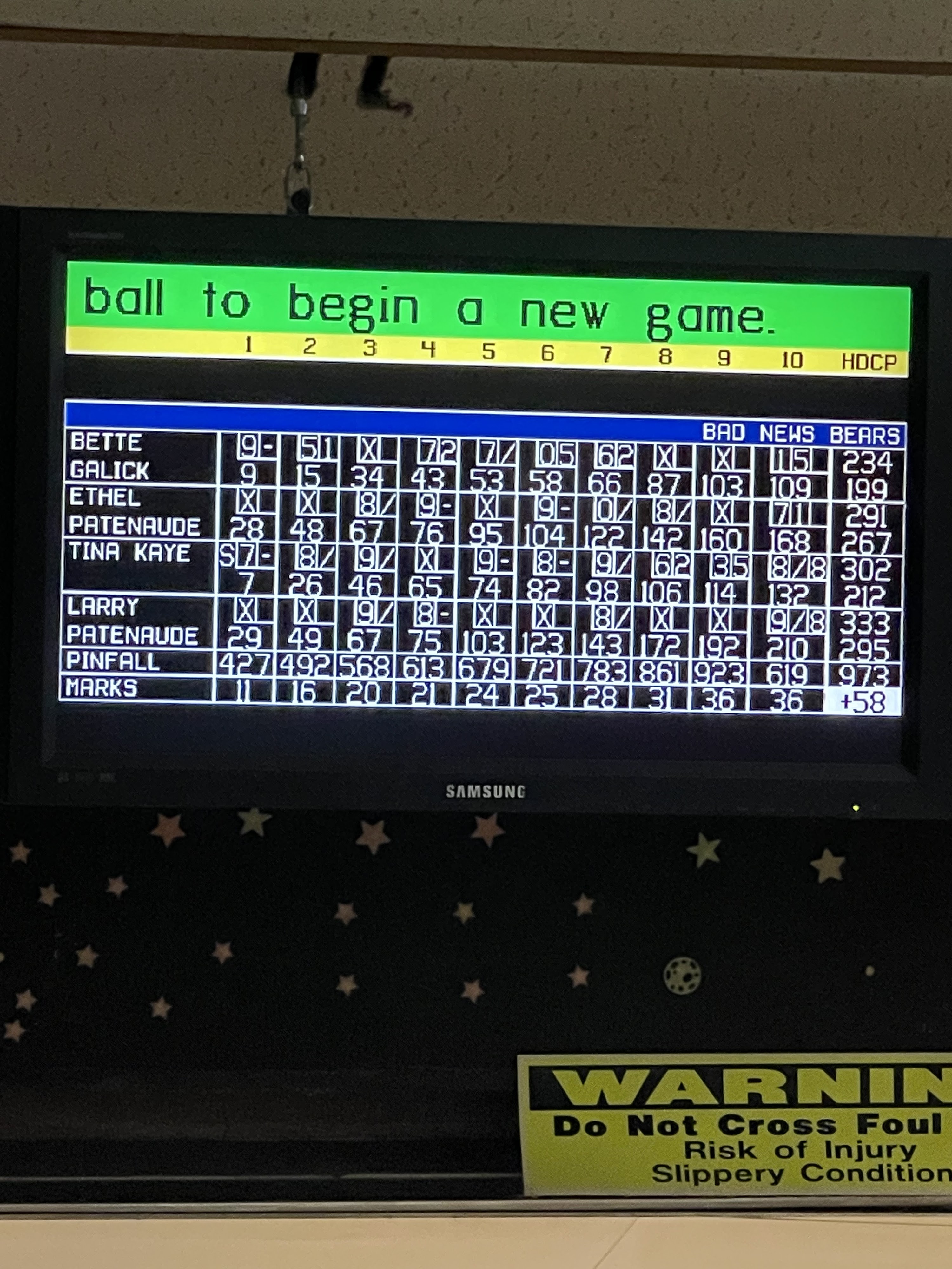 A digital bowling scoring monitor showing names and scores for a team called the Bad News Bears.