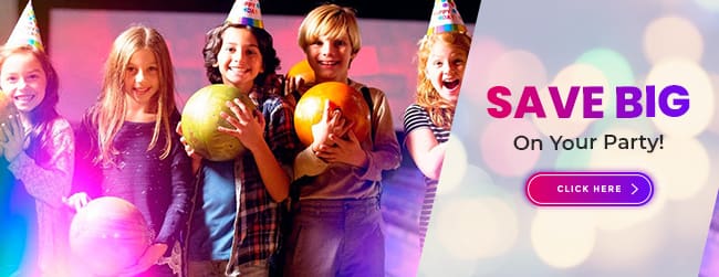 A group of five happy children in birthday party hats holding bowling balls next to a SAVE BIG party promo message.
