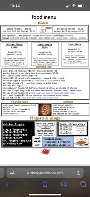 Mobile screenshot of a bowling alley food menu featuring pizza, sandwiches, and chicken wings with prices.