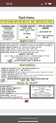 A screenshot of a bowling center food menu featuring pizza, wings, appetizers, and breakfast items.
