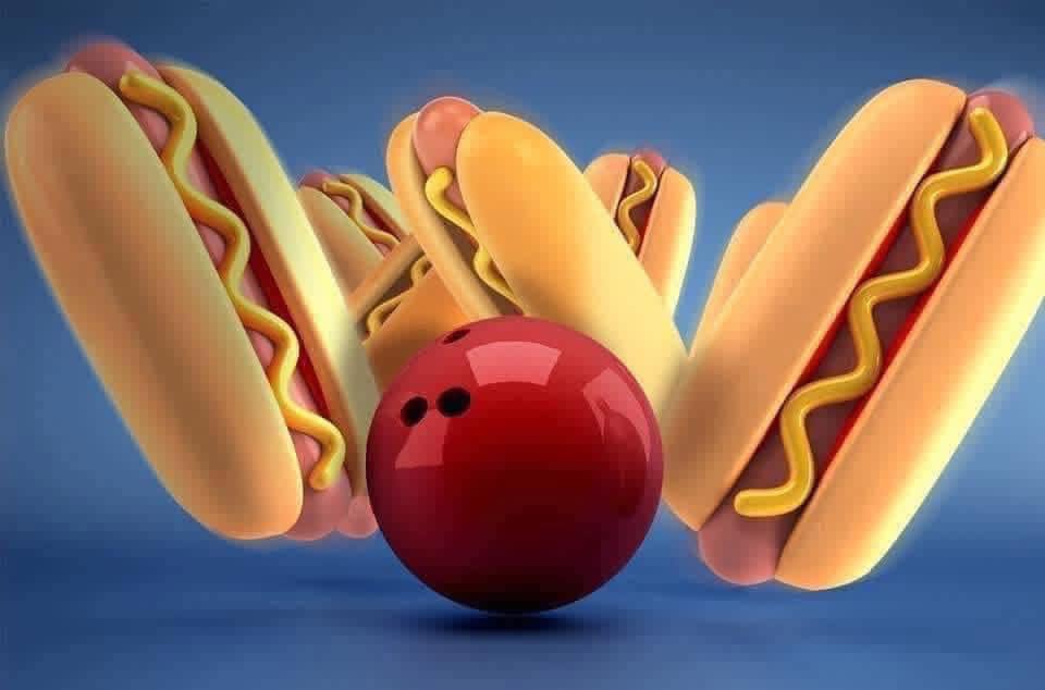 A 3D illustration of a red bowling ball knocking over hot dogs with mustard as if they were bowling pins.