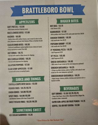 A printed food menu for Brattleboro Bowl featuring appetizers, burgers, pizza, and sides.
