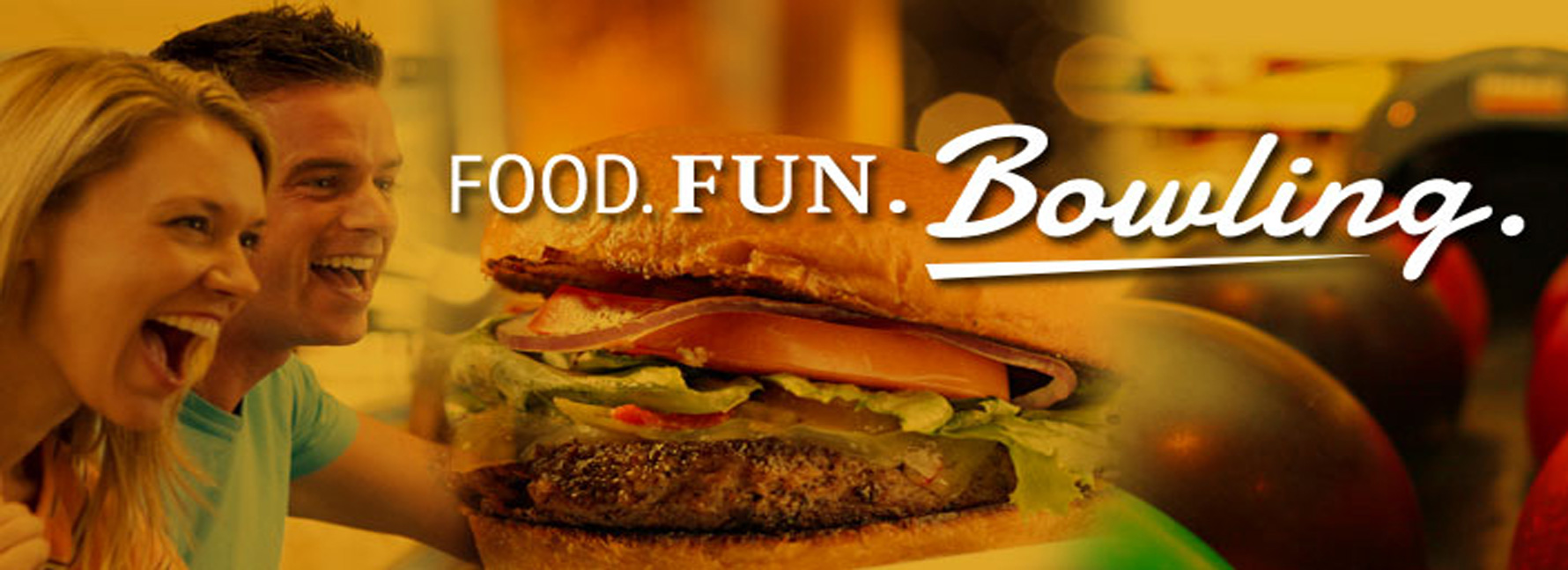 A composite banner featuring a smiling couple, a cheeseburger, and bowling balls with the text Food Fun Bowling.