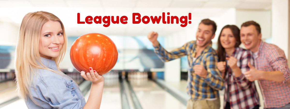A smiling woman holds a bowling ball with cheering friends in the background under League Bowling text.
