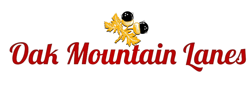 Oak Mountain Lanes logo with red script text and an illustration of bowling ball acorns with yellow oak leaves.