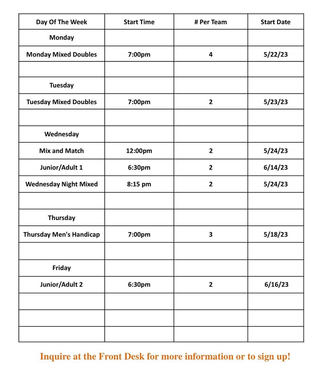 A table showing a bowling league schedule with start times and dates for various mixed and junior leagues.