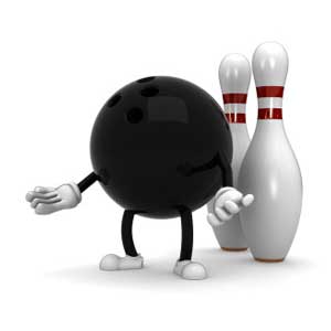 A 3D cartoon bowling ball character with white gloves and shoes standing next to two bowling pins.