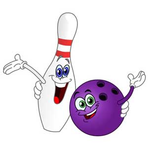 Cartoon illustration of a smiling bowling pin and a purple bowling ball with faces and hands.