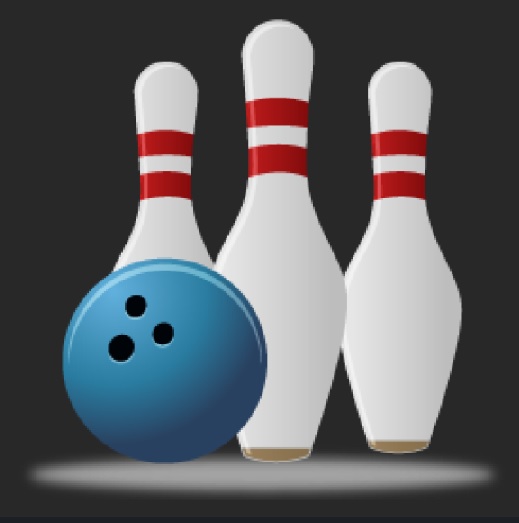 Digital illustration of a blue bowling ball and three white bowling pins against a dark grey background.