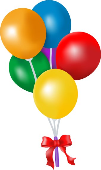 A digital graphic of five colorful balloons tied with a red bow.