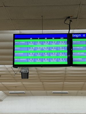 An automatic bowling score screen displays player names and scores with a blue and green interface, mounted on a ceiling.