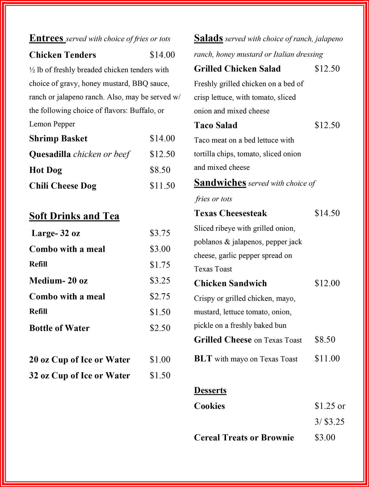 A digital menu listing entrees, salads, sandwiches, drinks, and desserts within a red-and-white striped border.
