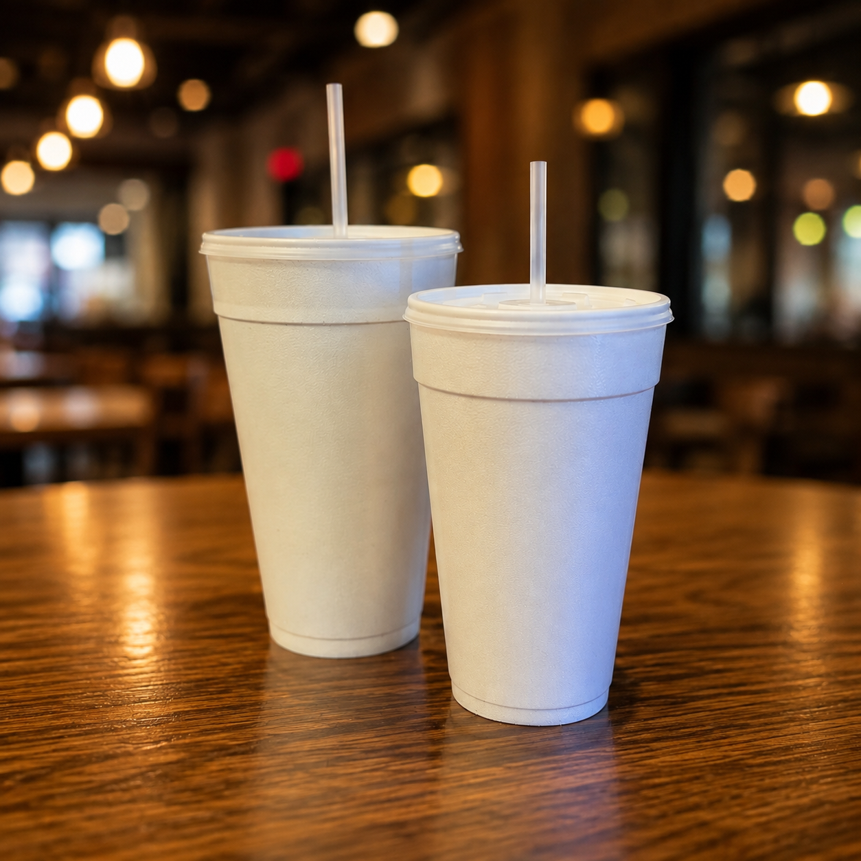 Two white foam cups with straws sitting on a wooden table in a dimly lit room with warm bokeh lights.