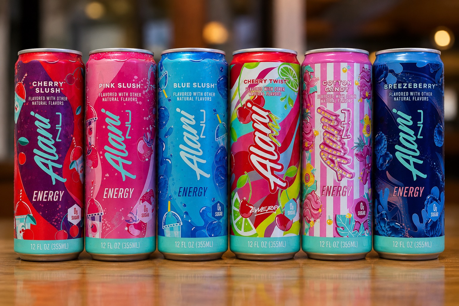 Six colorful cans of Alani Nu energy drinks lined up on a wooden table.
