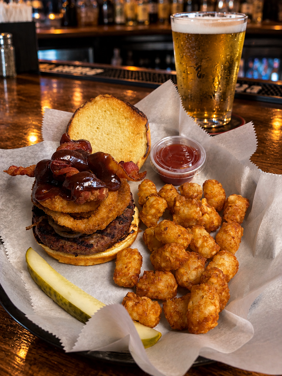 A gourmet burger with bacon, onion rings, and barbecue sauce, served with tater tots, a pickle, and a glass of beer.