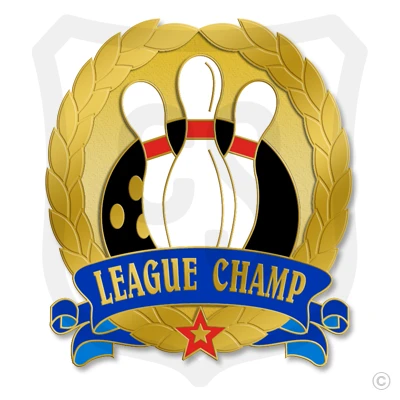 A gold, blue, red, and white emblem for "League Champ" with bowling pins and a bowling ball surrounded by a laurel wreath.