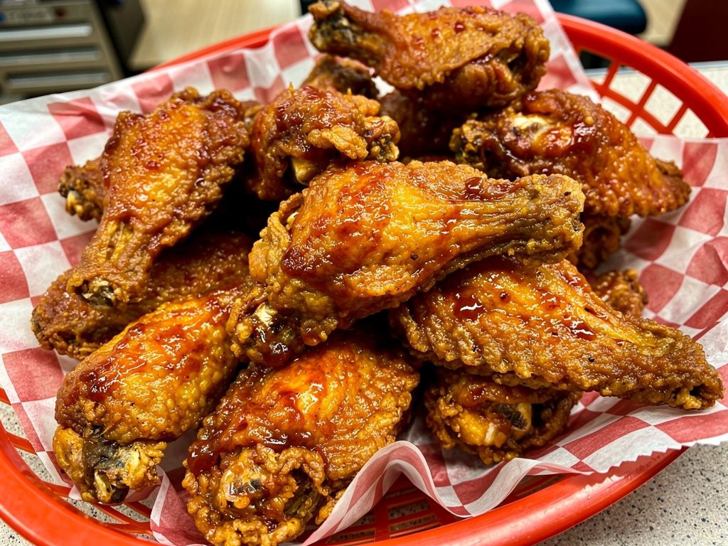 A red basket filled with crispy glazed chicken wings on red and white checkered paper.