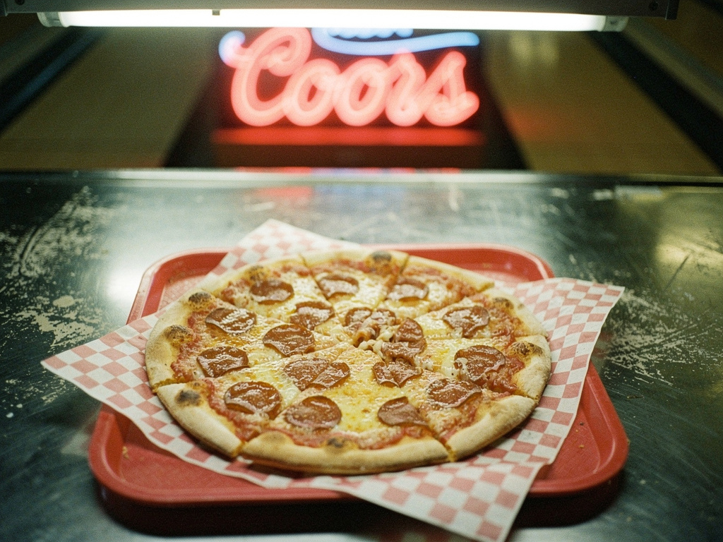 A fresh pepperoni pizza on a red tray with a glowing neon sign and bowling lanes in the background.