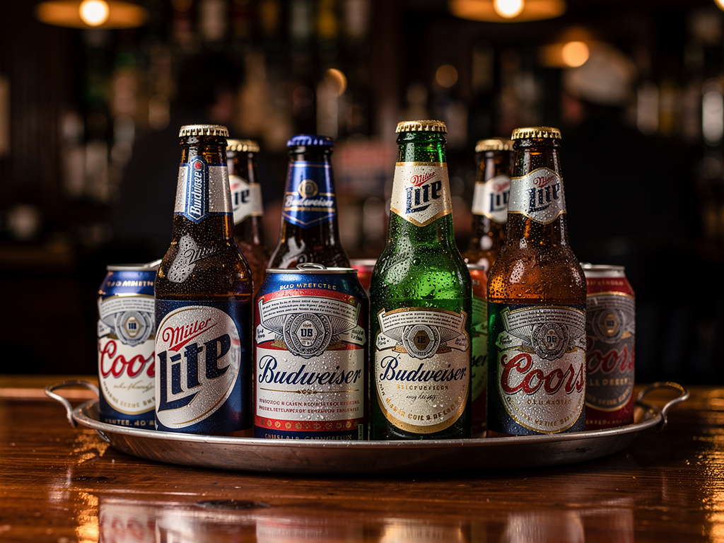 Assorted chilled beer bottles and cans on a metal tray on a wooden bar counter.