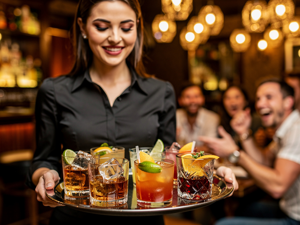 A server carries a tray of colorful iced cocktails garnished with fruit in a warm, social bar setting.
