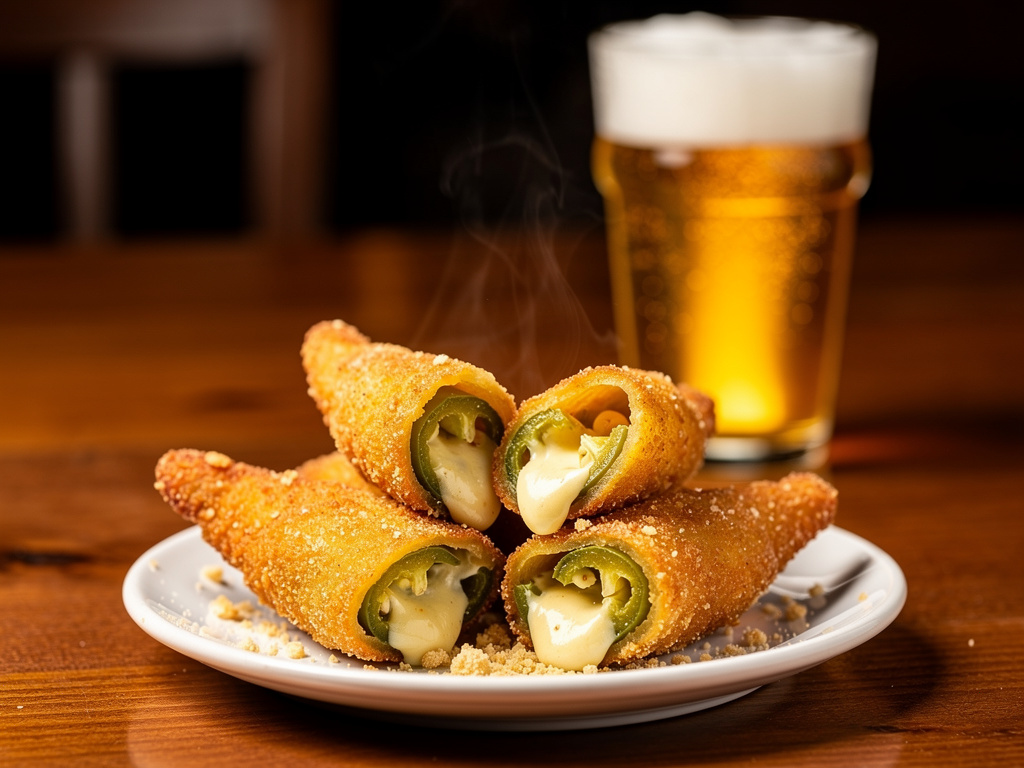Appetizing close up of a side of Jalepeno Poppers on a small plate.  Has a pint of beer in the background.