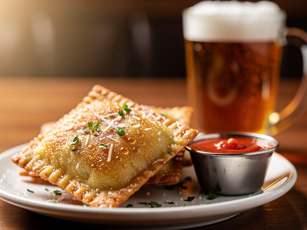 appetizing close up of a side of Fried Raviolis on a small plate.  Put a pint of beer in the background.