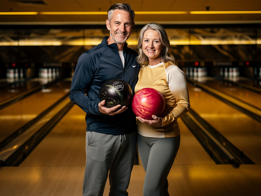 A smiling mature couple holds bowling balls while standing in front of polished bowling lanes.