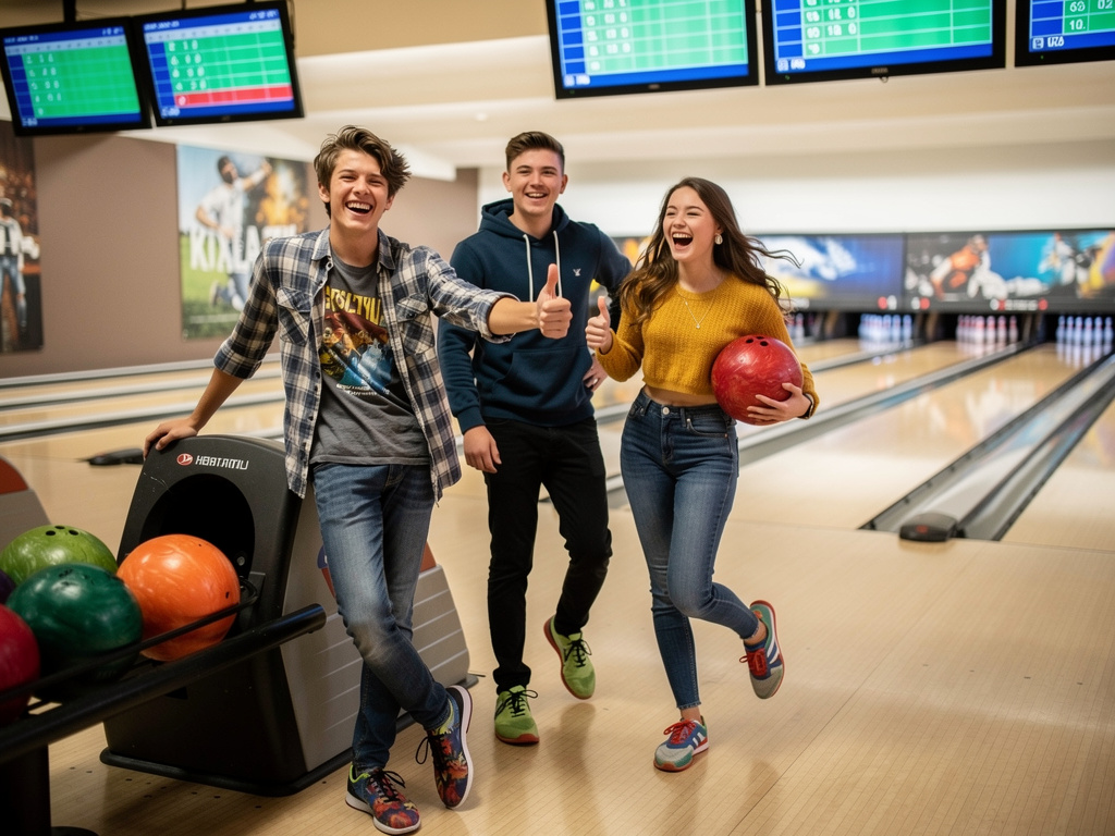 Three happy young adults giving thumbs up while posing with bowling balls at the end of a bowling lane.