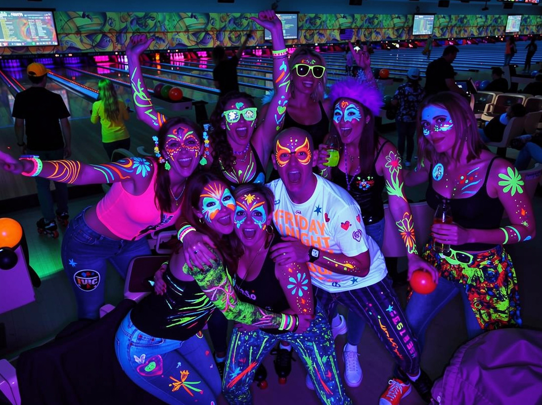 A group of people wearing glowing neon face paint and clothing pose together at a cosmic bowling alley.